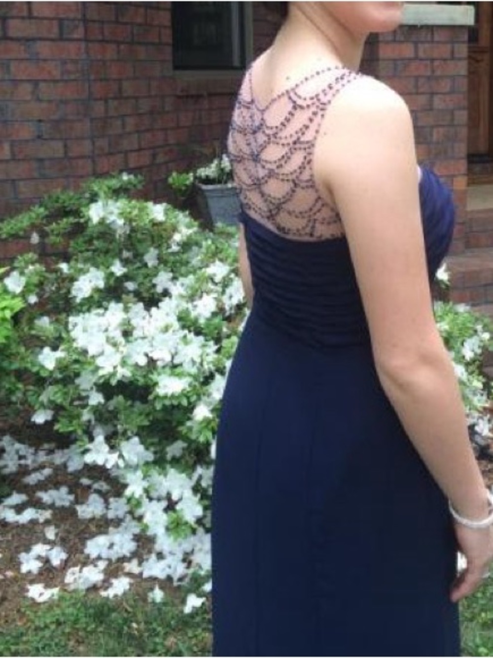 Alfred Angelo Navy Beaded Illusion Back Formal Gown